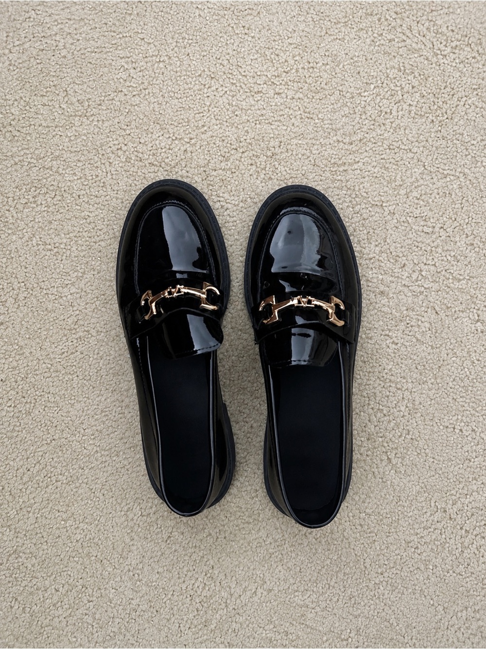 Women’s Black Patent Loafers with Gold Chain Accent